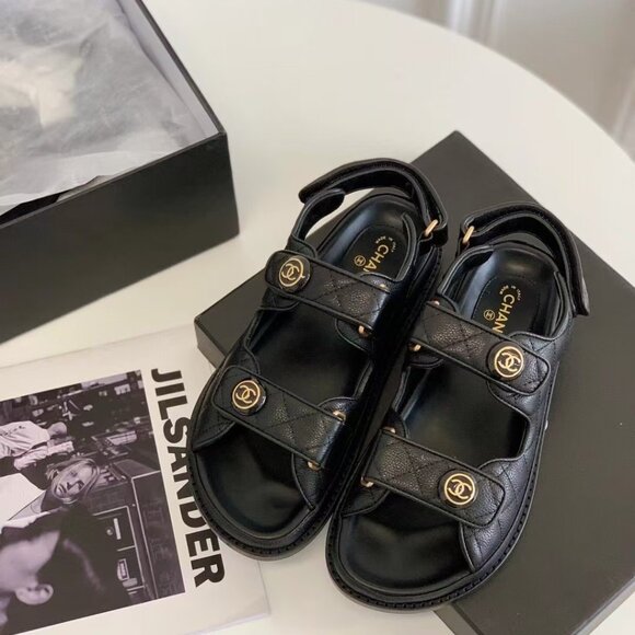 Black Caviar Dad Sandal Gold CC Logo Mule Slide Flat - Picture 6 of 8